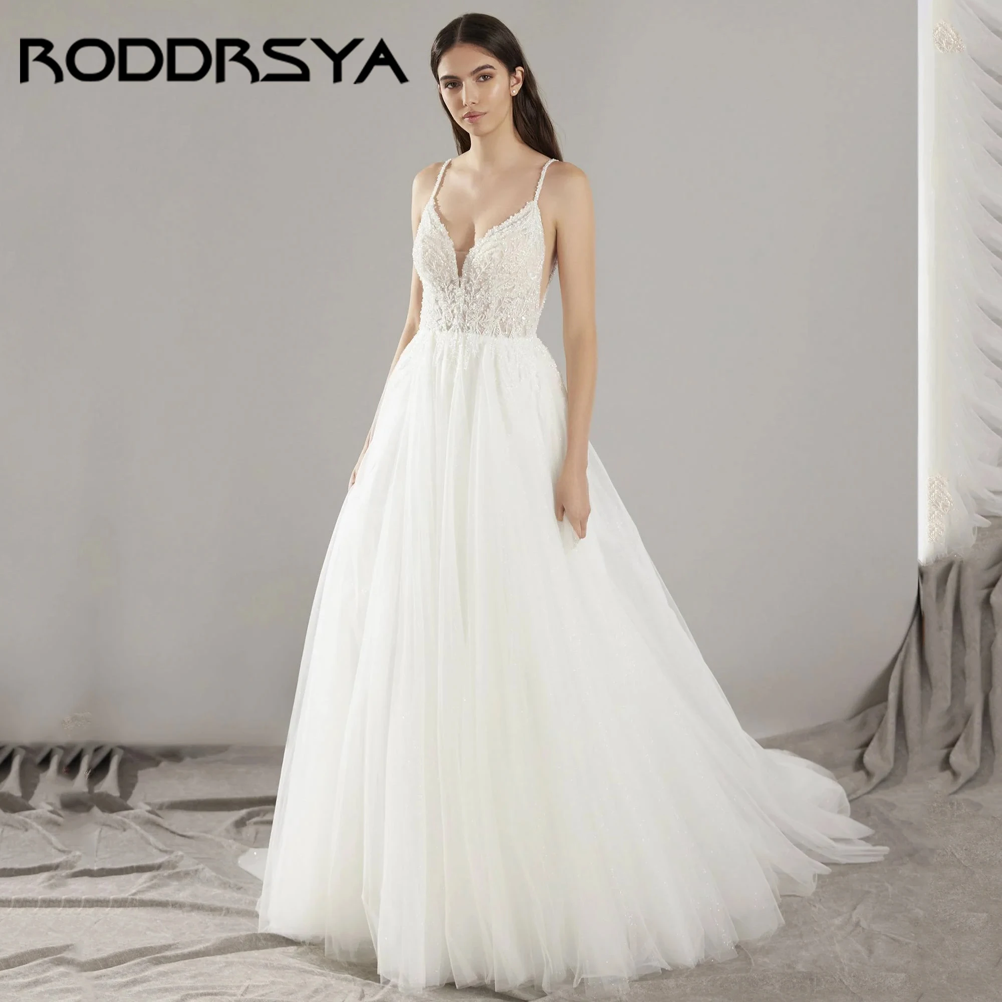 

Tull V-Neck Lace Appliques Spaghetti Strapless Wedding Dress V-Back A-Line Bride Gown Luxury Vestidos De Novia 2025 Customized