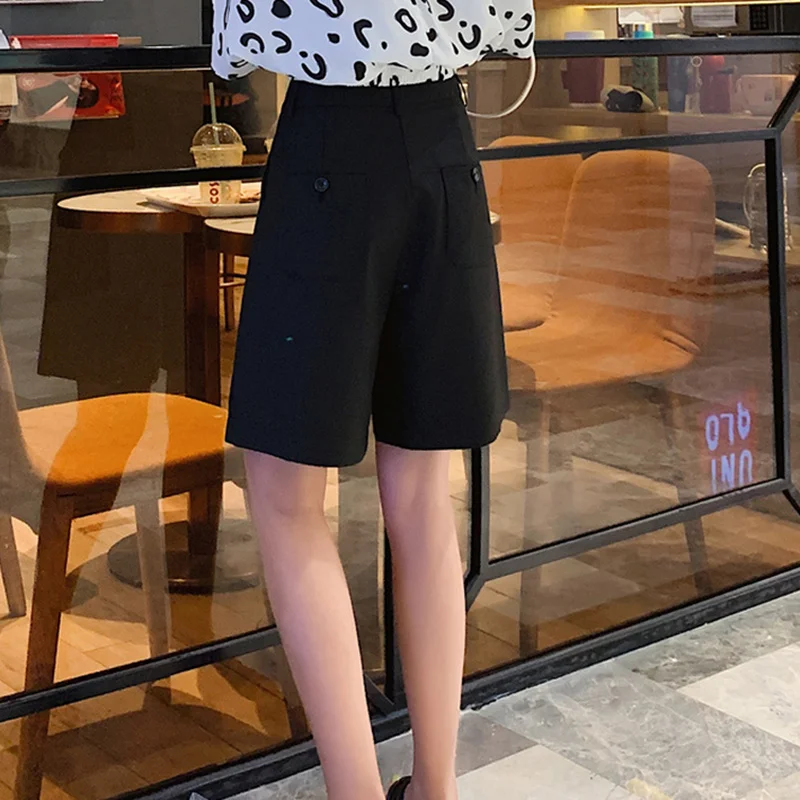 Vintage feminino solto casual preto de cintura alta ternos formais, shorts retos, harajuku feminino, shorts monocromáticos, todo o jogo, tamanho