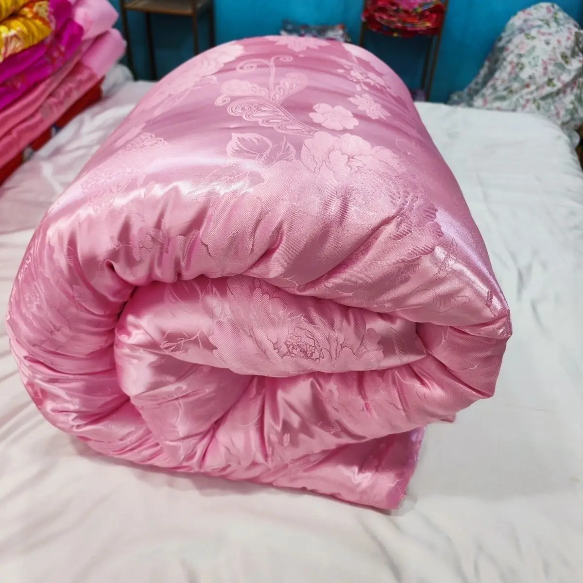 

2x2.3m No Cotton Filling Glossy satin silk cover with zipper Pink floral print bedspread home bedding