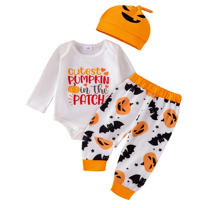 

Baby Halloween Outfits Letter Print Long Sleeve Romper with Pumpkin Pattern Pants and Hat Set