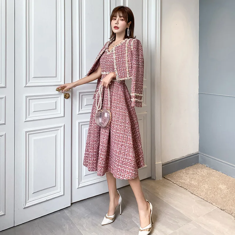 Imagem -04 - Terno de Tweed Frisado de Cintura Alta Feminino com Zíper Cabolsa Outono e Inverno Vestido Novo Moda Feminina Coreano 2023