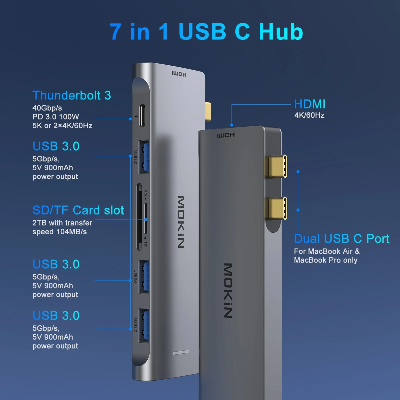 MOKiN USB tipo C Hub para MacBook Pro adaptador USB estación de acoplamiento Dual USB C a HDMI USB3.0 SD/TF para MacBook Mac Dongle portátiles