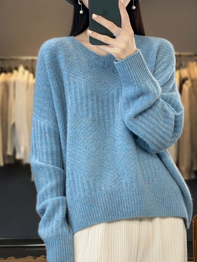 2024 Autumn/Winter V-neck Merino Pure Wool Women's Thick Undershirt Wool Sweater