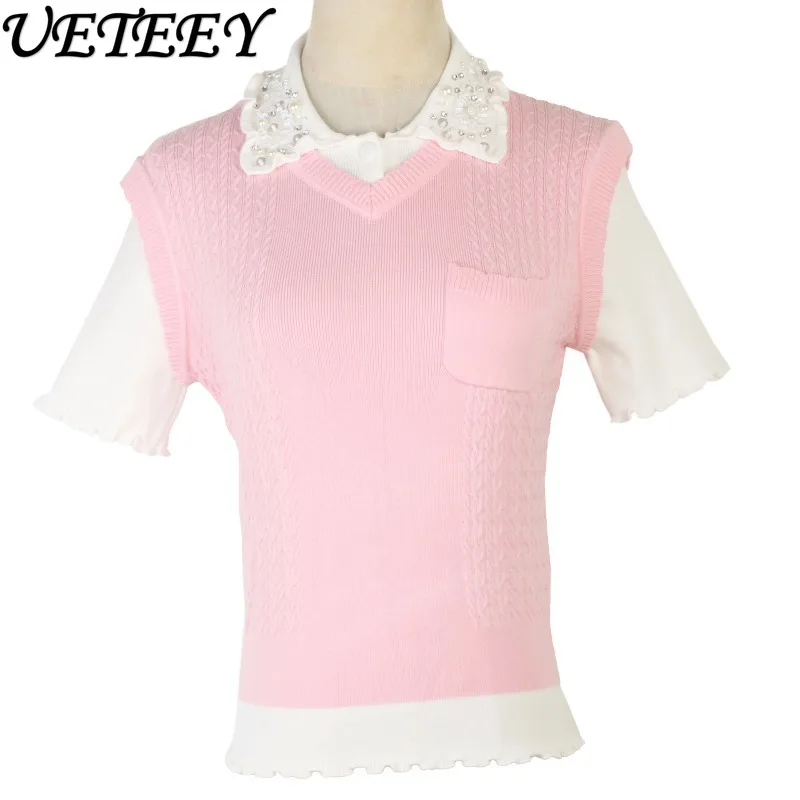 Outono nova camisa de base doce para mulheres gola polo curto fino topo francês romântico estilo socialite manga curta pulôver