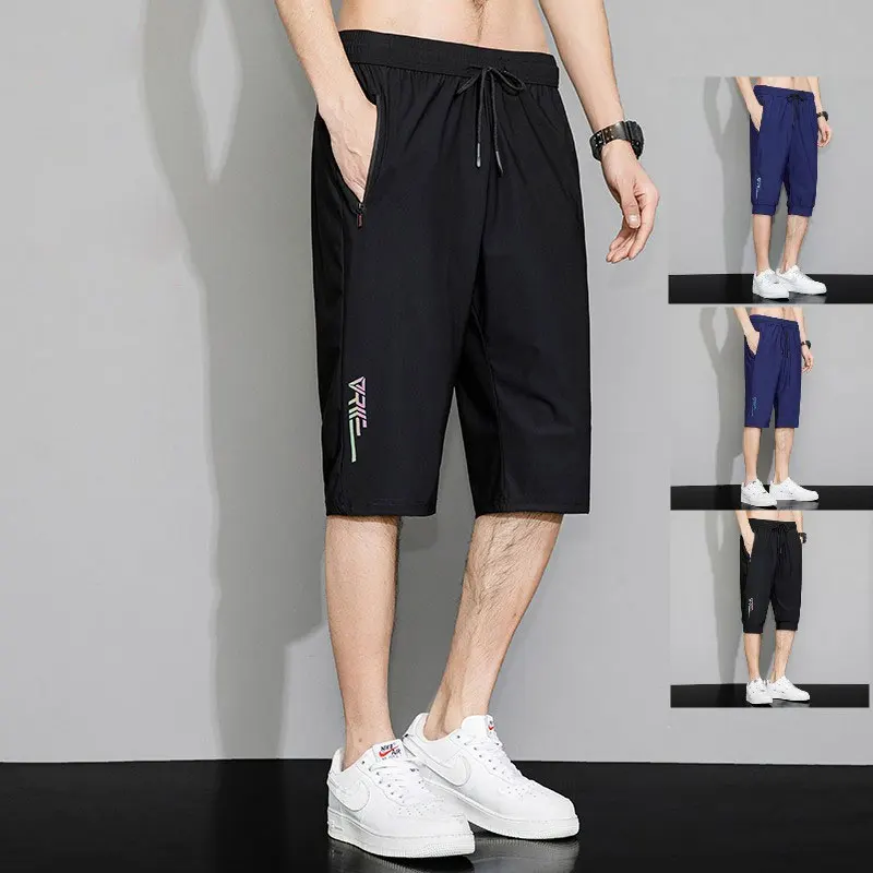 

Men's Clothing Loose Straight Casual Pants Summer Mid Waist Fashion Elastic Drawstring Basic Sports Zipper Pockets Capri Pants