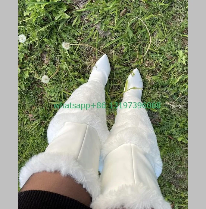 Lady white fur punk gothic style thigh boots pointed toe PU feather fur white winter dress sexy dance boots high heels size 3546