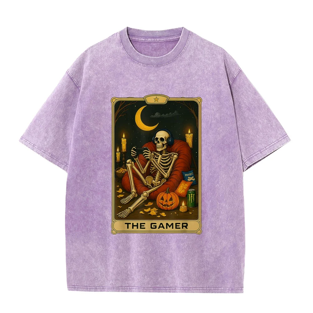 The Gamer Tarot Card Skeleton Halloween Gaming Graphic Tees T-Shirt Лонгслив Pesca Cute Print Round Neck Layering Unisex Tee