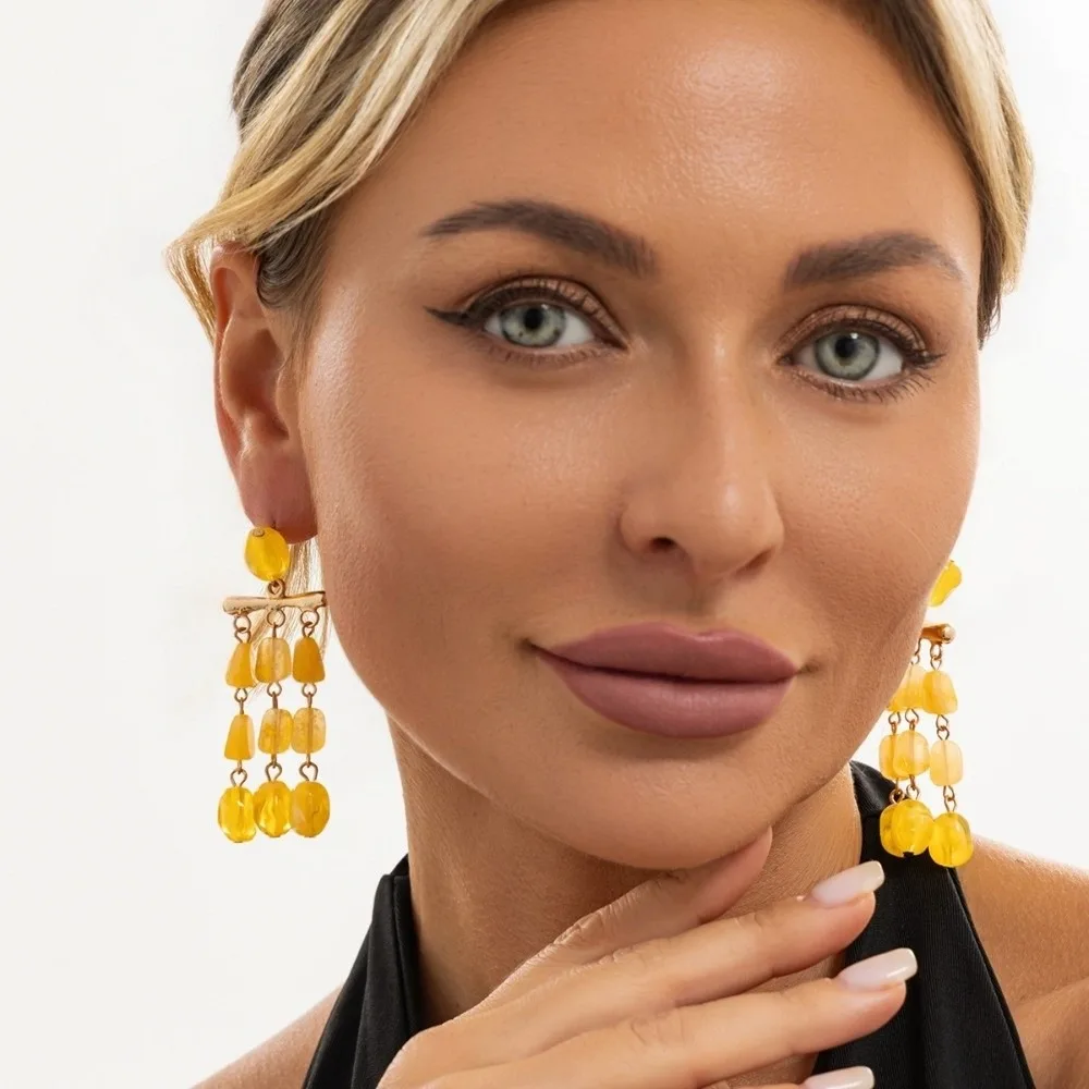Vintage Resin Bead Dangle Earrings Multi-Layer Bead Yellow Statement Earrings Layered Ornate Drop Earrings Holiday