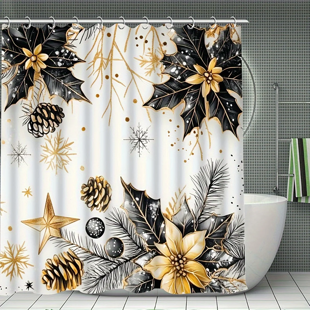 4Pcs Winter Holly Shower Set, Bathroom Decor, 12 Hooks, Non-Slip Mat, U-Shaped Toilet Cover, Perfect Xmas Gift