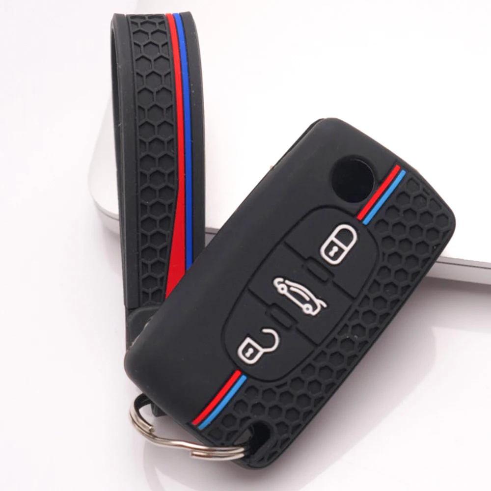 Silicone Key Cover With Keychain For Peugeot 107 206 207 307 308 407 607 807 3008 5008 Partner Expert For Citroen C2 C3 C4 C5 C6