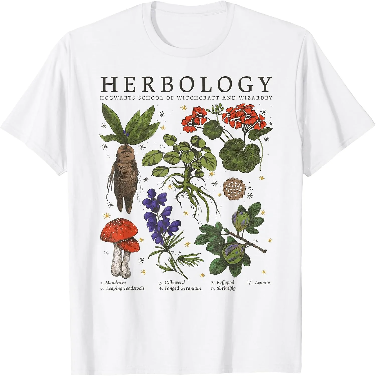 Herbology Wizard School Magic Plants Botanical Chart Black T-Shirt