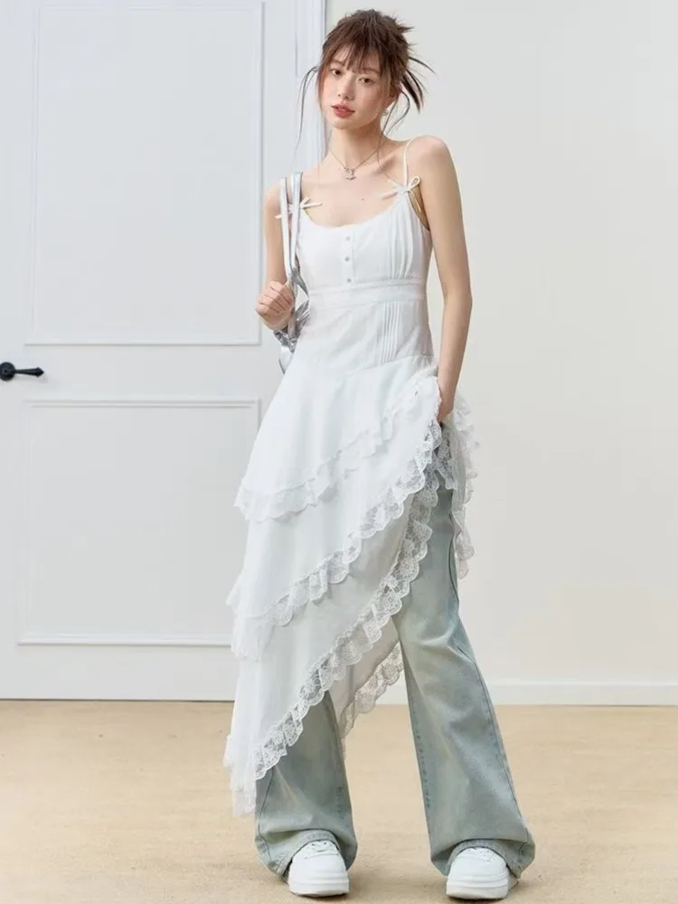 

White Elegant Slim Lace Trim Bow Irregular Cake Dresses for Woman Summer Y2K Korean Sleeveless Dress New Prom Holiday Vestidos