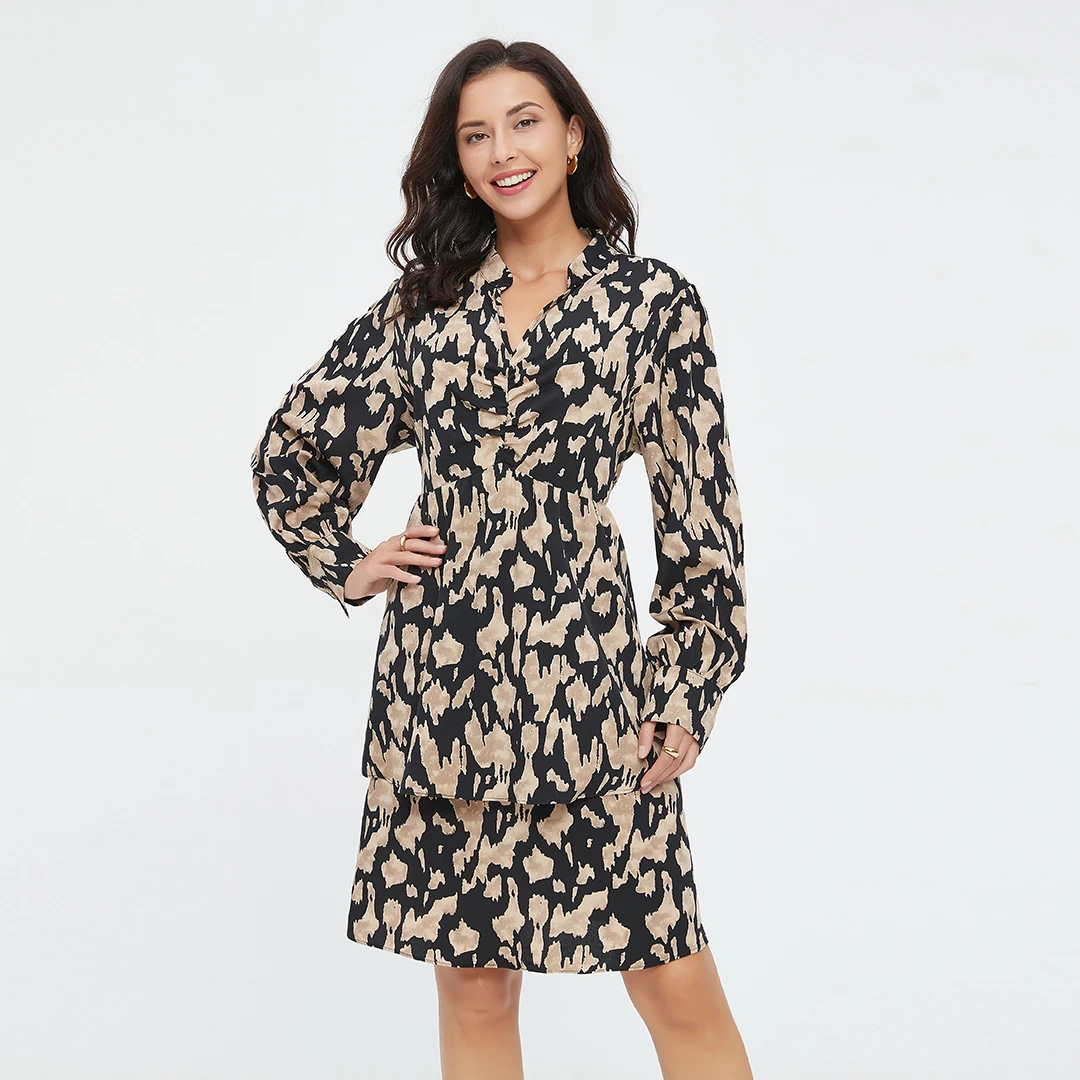 Plus Size Dresses 100%Polyester Casual Dress 2024 Fashion Leopard Print Over Size Dresses For Women Long Sleeves Summer Clothing
