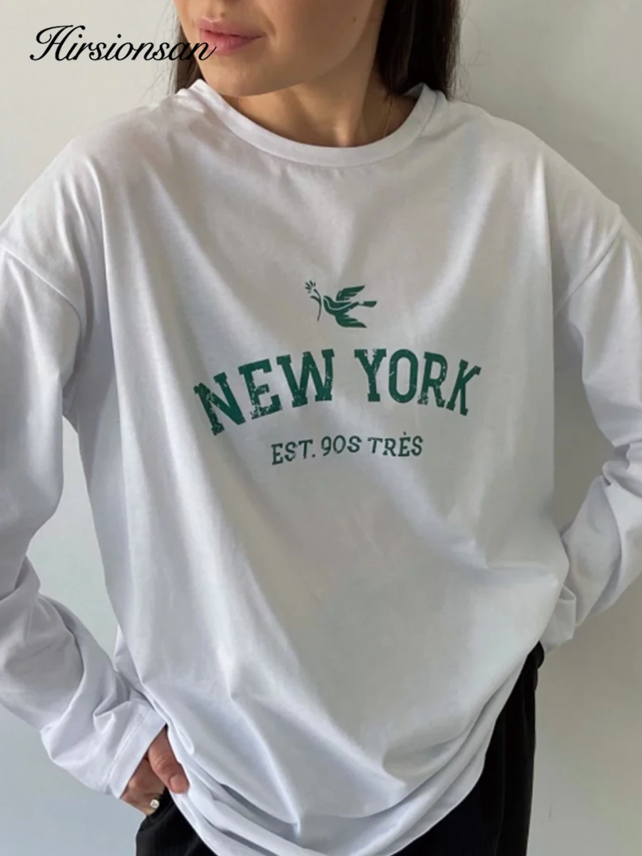 

Hirsionsan Letter Printed Long Sleeved T-shirt for Women Loose Fit Pure Cotton Round Neck Basic Top