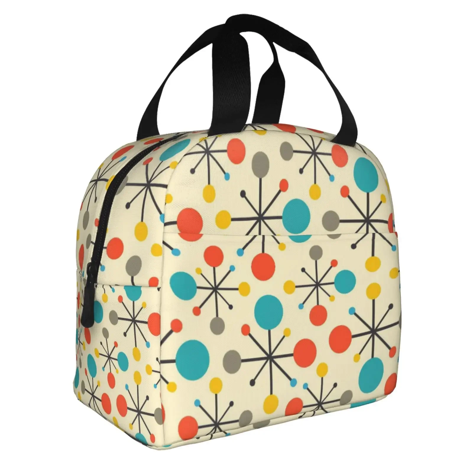 Mid Century Fifties Modern Atomic Retro Print Lunch Bag Portable Reusable Thermal Oxford Tote Bag For Work School Travel