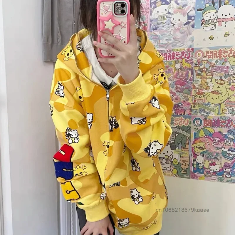 Sanrio Hello Kitty Cute Full Print Yellow Hooded Sweatshirt Women Spring Autumn Fashion Loose Hoodies Japanese Style Kawaii Coat