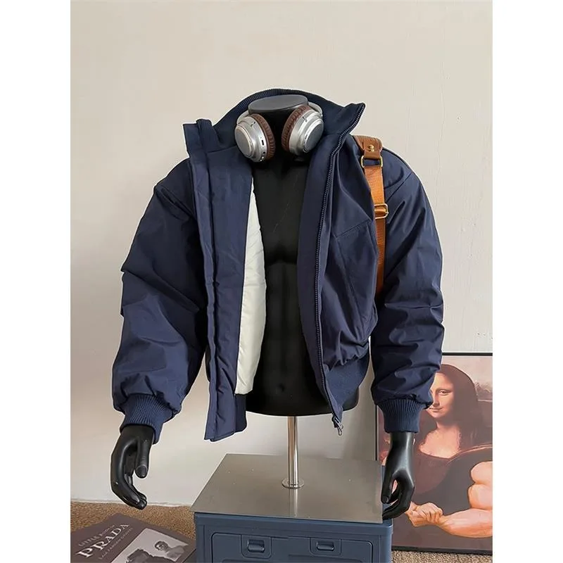 

Winter New Men's Thiened Cotton Jaet Stand Collar Loose Casual Outerwear Warm Polyester Fiber Long Sve Zipper Closure