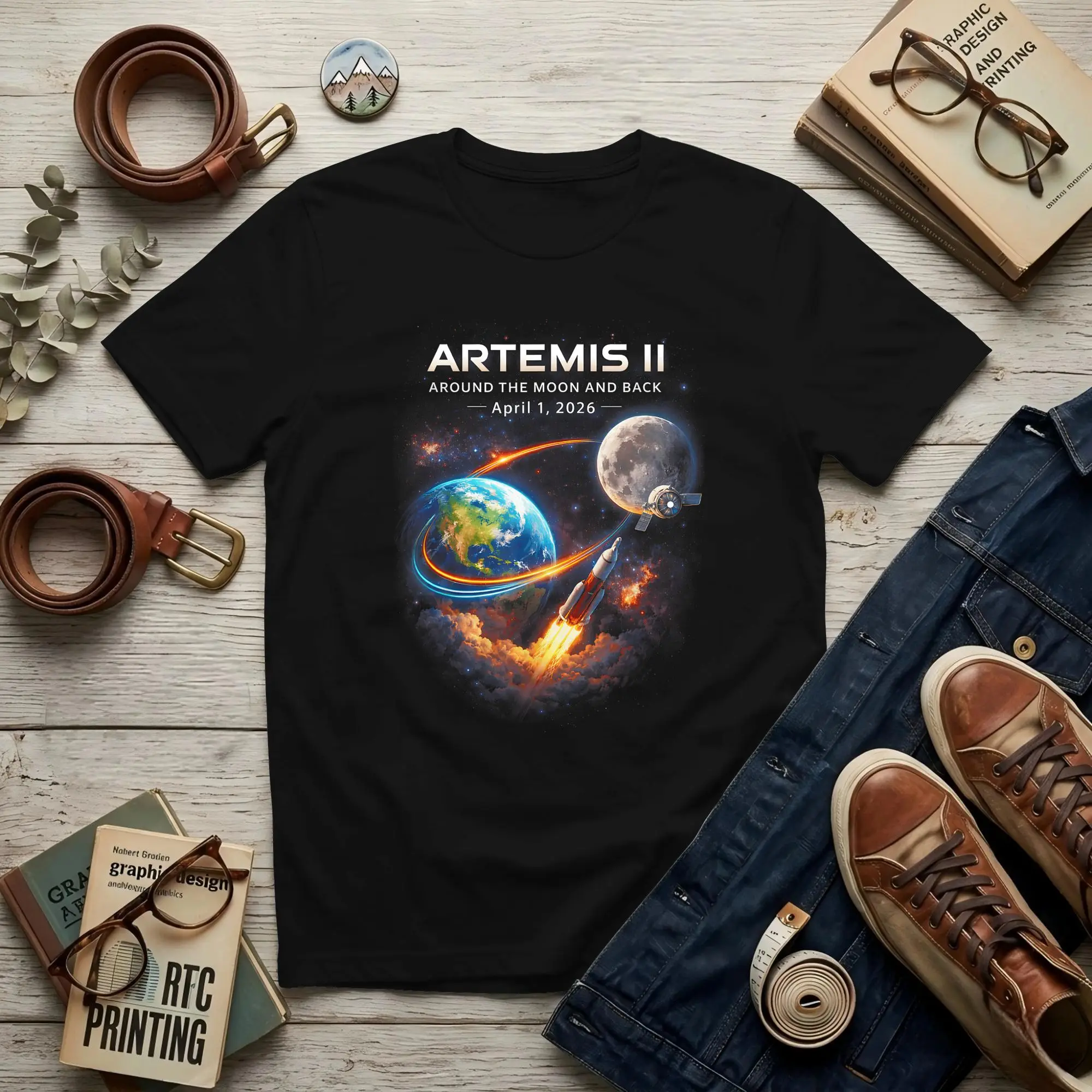Artemis II Rocket Space Launch Back to The Moon Mission 2026 Men T Shirt Artemis II Tee Shirt Short Sleeve Round Neck Cotton