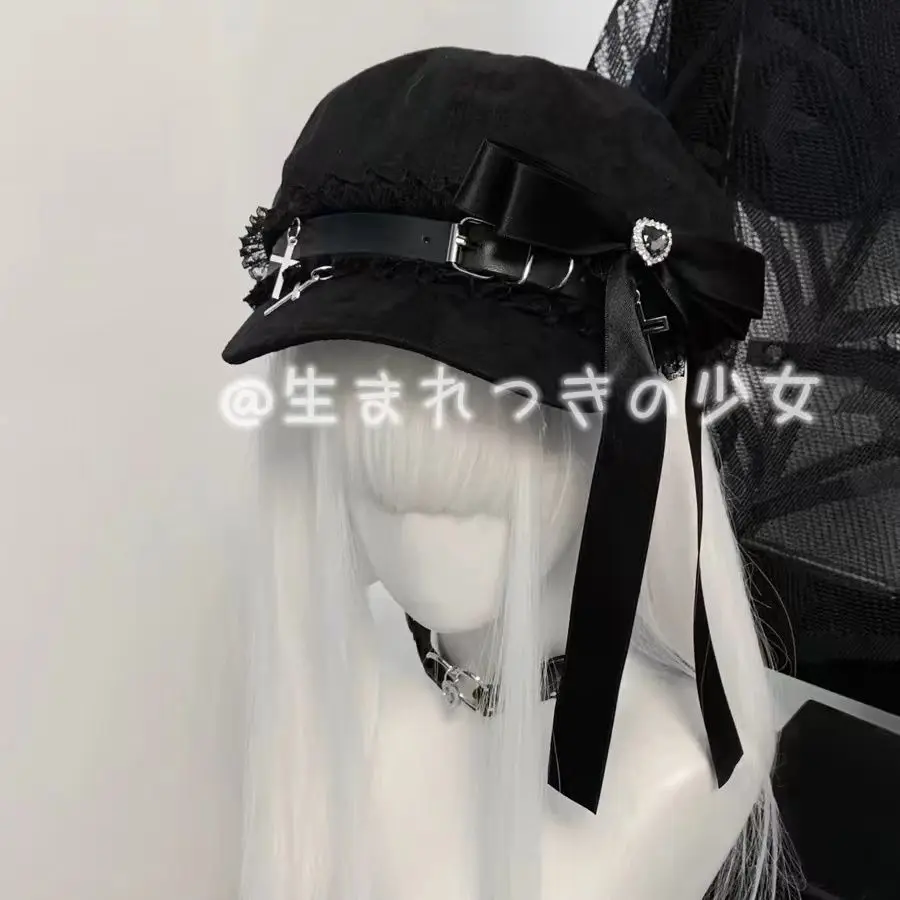 Wholesale Custom Make Customized Women Harajuku Gothic Lolita Beret Hat Cap Y2K Girl Bow Punk Lace Handmake Decorative Sun Hats