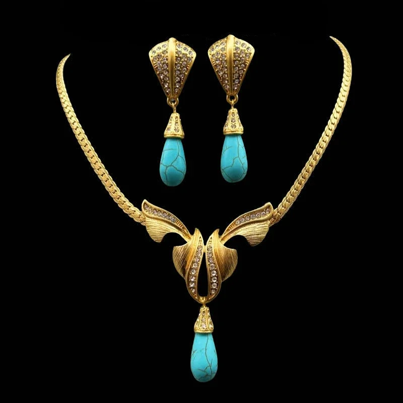 Gold Vintage Drop Turquoise Bow Collar Bone Necklace Earring Set