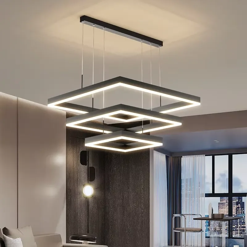 Modern Black Square LED Ceiling Light Fixture Rectangular Chandelier for Living Room Dining Room Kitchen Bedroom Home Decor