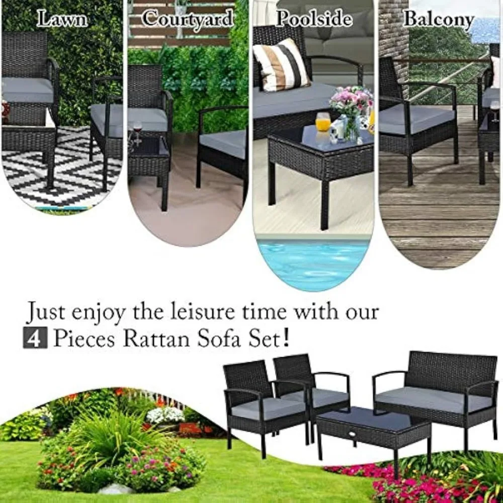 4PCS Patio Rattan Furniture Set, Outdoor Wicker Conversation Set with Tempered Glass Coffee Table, Seat Cushions