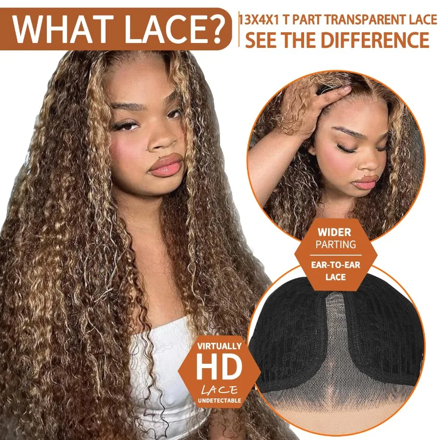 باروكات صناعية بدانتيل أمامي مقطوعة مسبقًا 13x4x1 الجزء الأوسط باروكات مموجة طبيعية بدون صمغ للنساء السود تسليط الضوء على أشقر بني مختلط