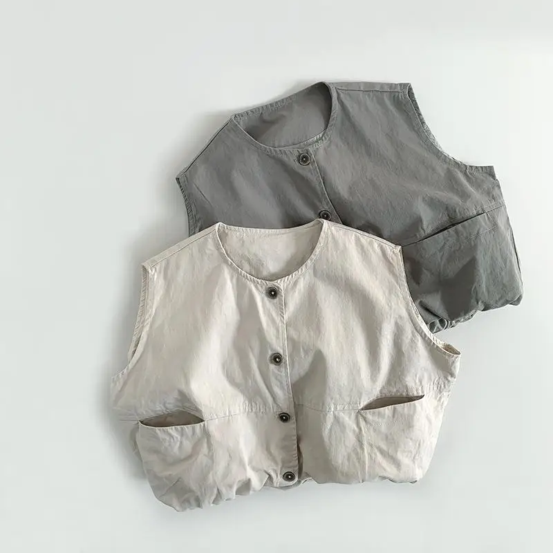 

2025 Spring New Children Sleeveless Vest Jacket Solid Simple Boys Loose Waistcoat Baby Girls Versatile Cardigan Kids Clothes