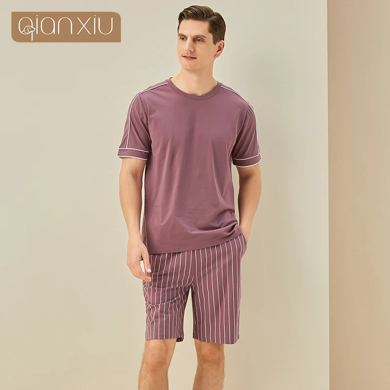 Summer New Men\'s Cotton Solid Color Short Sleeve Round Collar Top Stripe Shorts Home Set Simple  Sleepwear Home Suit