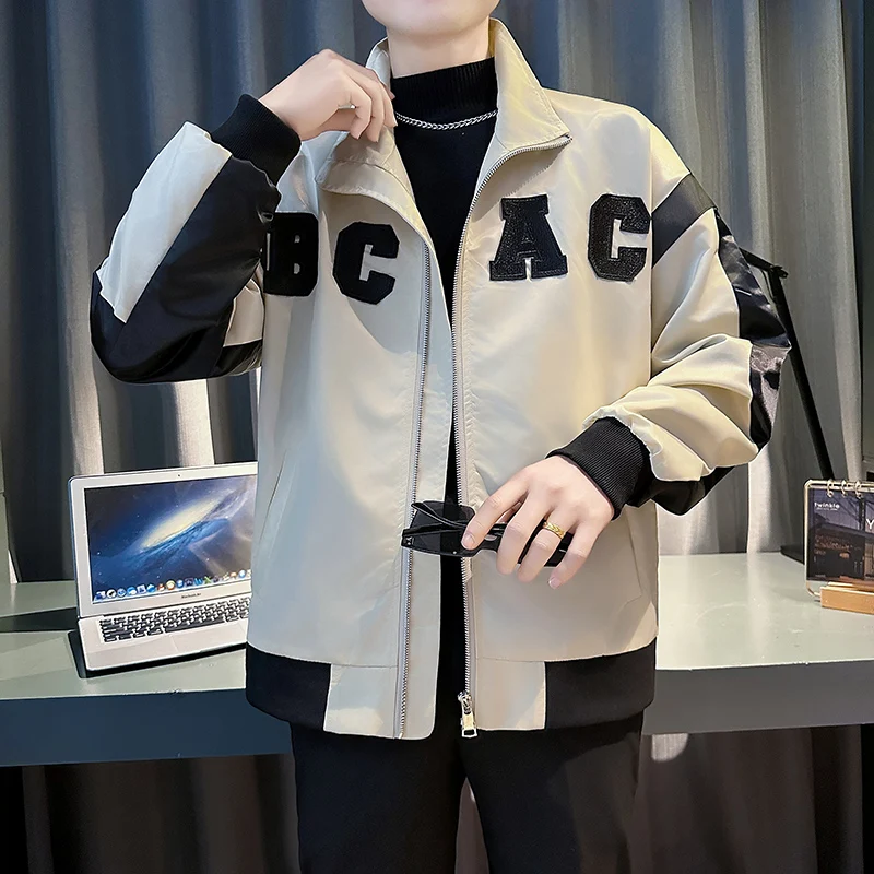 

Autumn Korean Stand Collar Bomber Jacket Men Solid Color Spliced Letter Workwear Jacket Casual Windproof Social Streetwear Coat