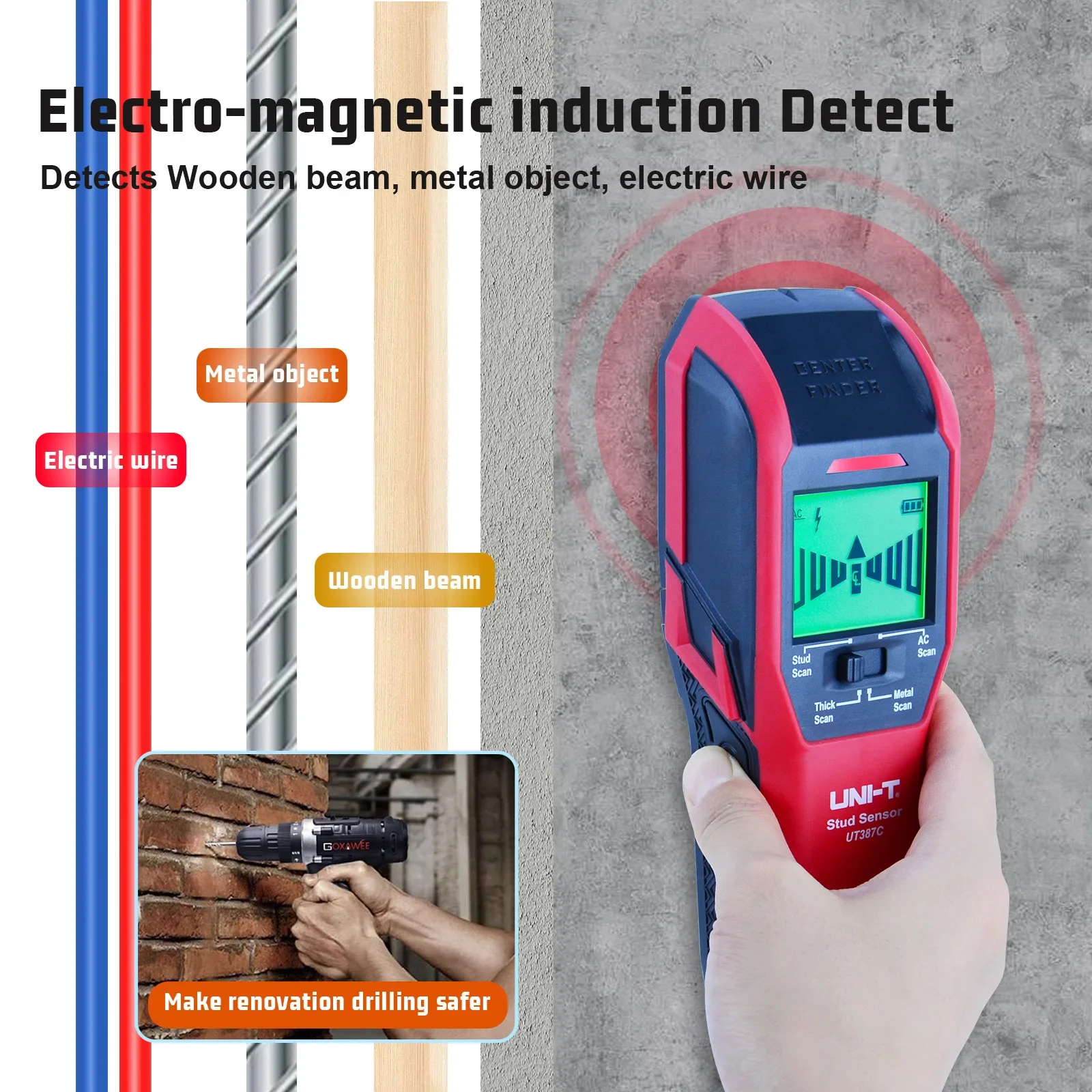 UNI-T-buscador Digital de tachuelas de pared, Sensor 4 en 1, buscador de pernos de madera, objetos metálicos de cobre, escáneres de Cable UT387C/D/E/LM/S