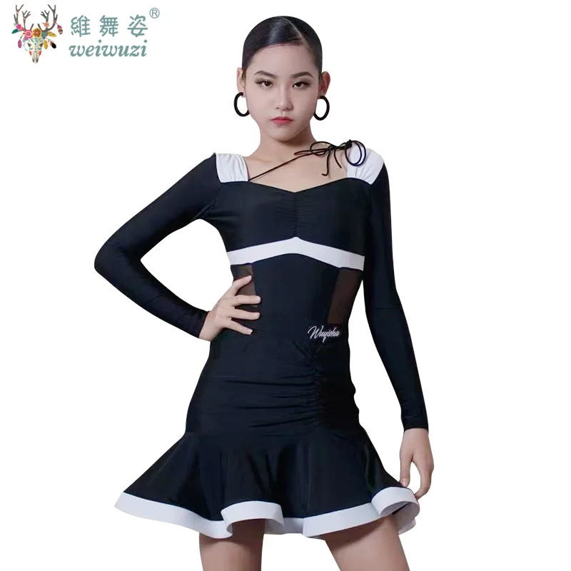 Zwart Wit Latin Dans Pak Meisjes Competitie Danskleding Rumba Cha Cha Samba Prestaties Jurk Kid Standaard Toneelkostuum