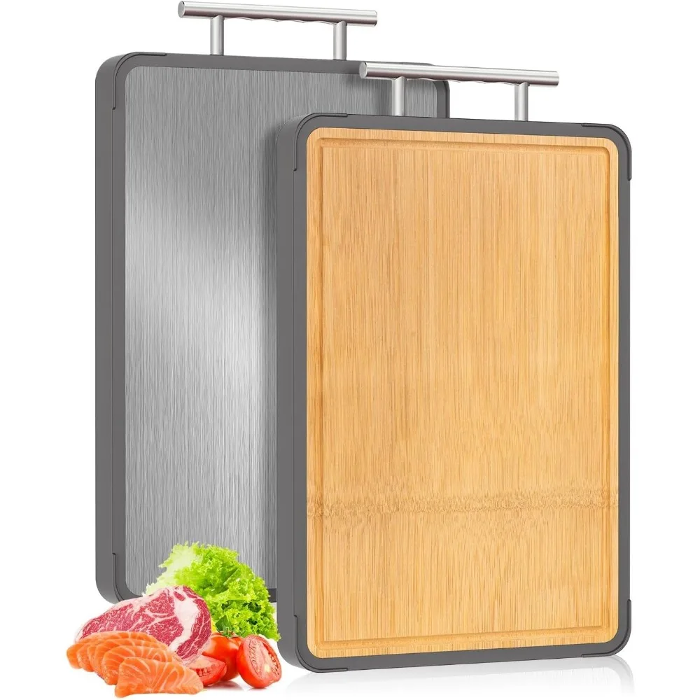 

Cutting Boards for Kitchen - Food Grade Double Sided Pure Stainless steel& Bamboo Chopping Board with Handle, Slip resistant Non