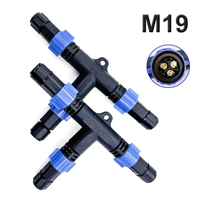 2Pin 3Pin M19 Tee Waterproof Connector 20A Self-locking T-type Male Female Head Plug Large Current Assembled Joint Welding Wire