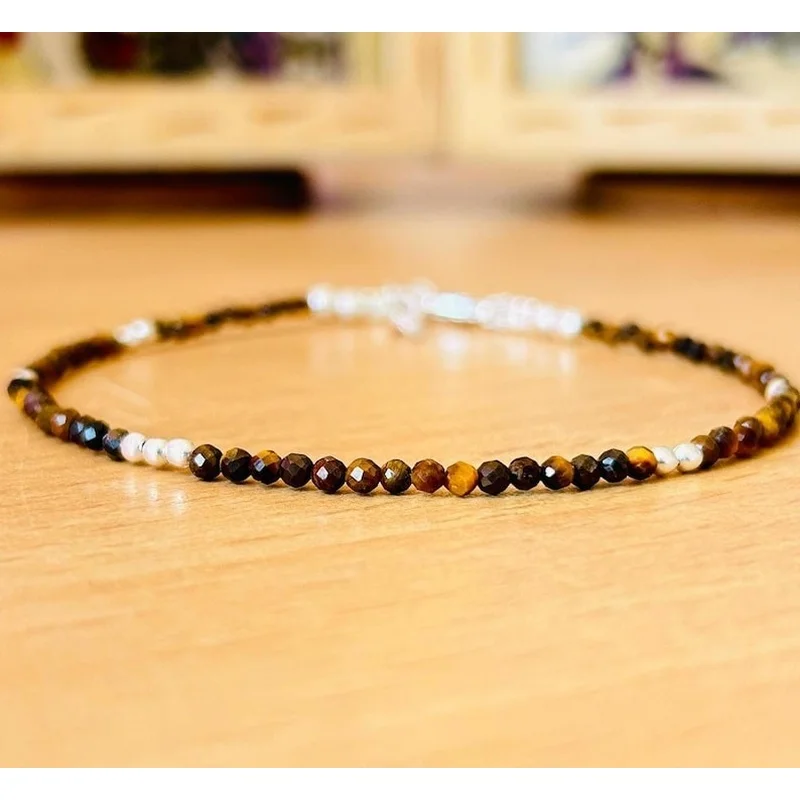 Tiger's Eye 2MM Faceted Round Gemstone Minimalist Beaded Handmade Bracelets 6-8"