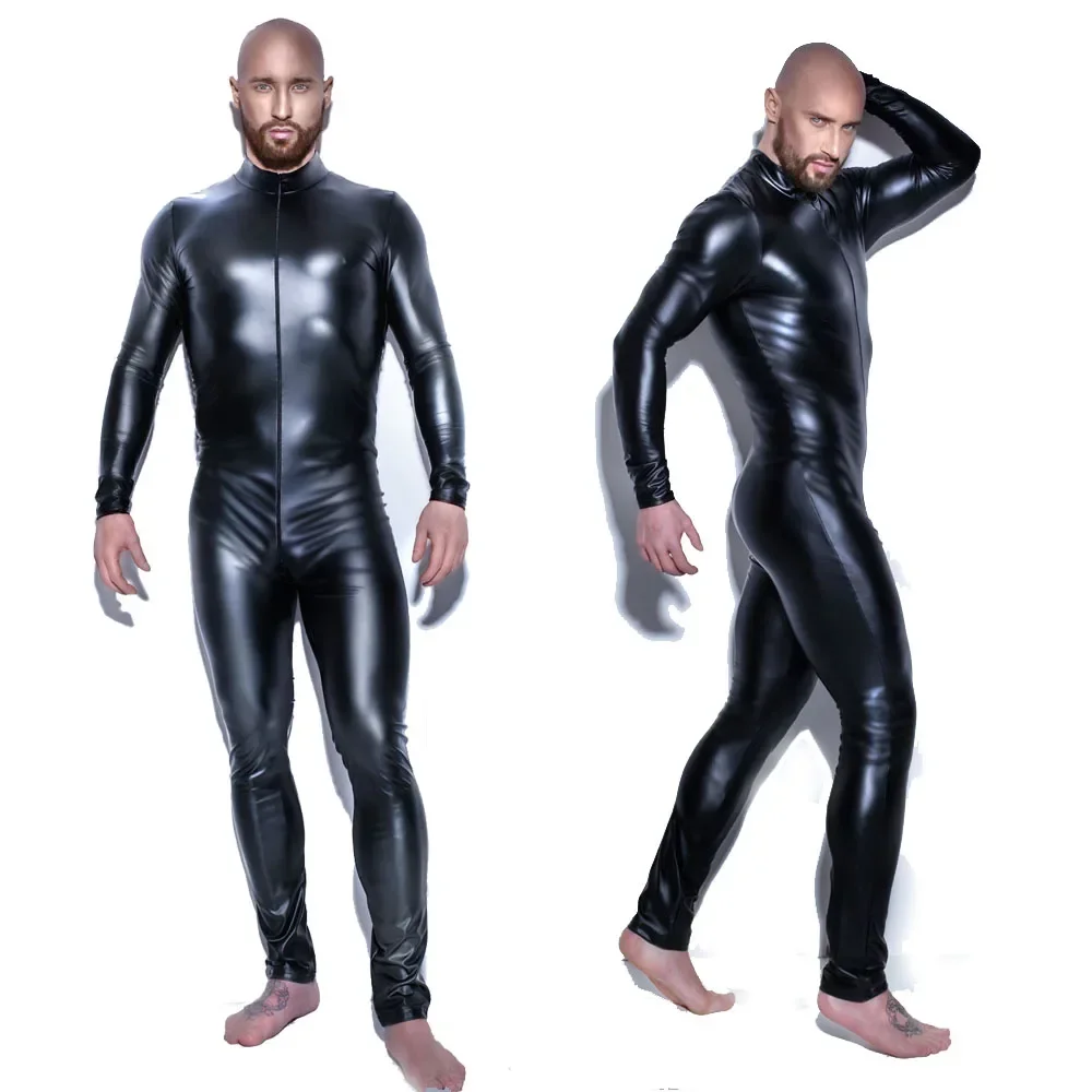 

Black Shiny Patent Leather Jumpsuit Zipper Open Crotch Latex Catsuit Teddy Spandex Bodysuits Clubwear