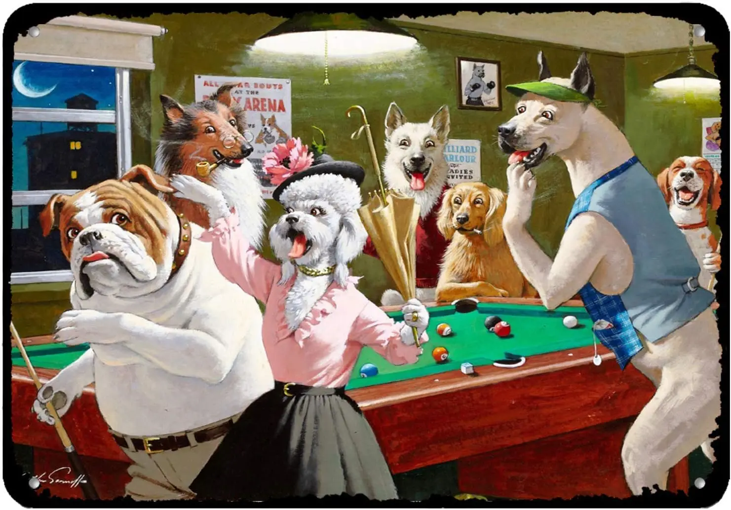 Tin Sign Vintage Chic Art Decoration Poster Funny Dog Playing Billiards for Home Bar Cafe Farm Store Garage or Club