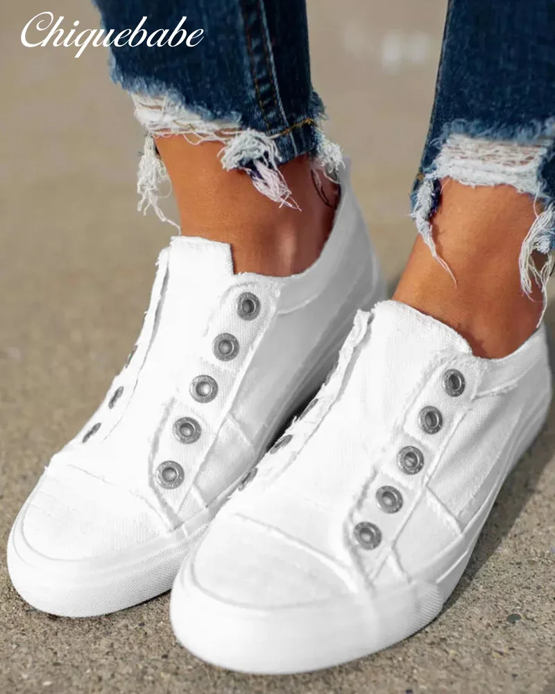 Women Shoes Casual Daily Wear Flat Solid Color Round Toe Eyelet Slip-on Canvas Sneakers