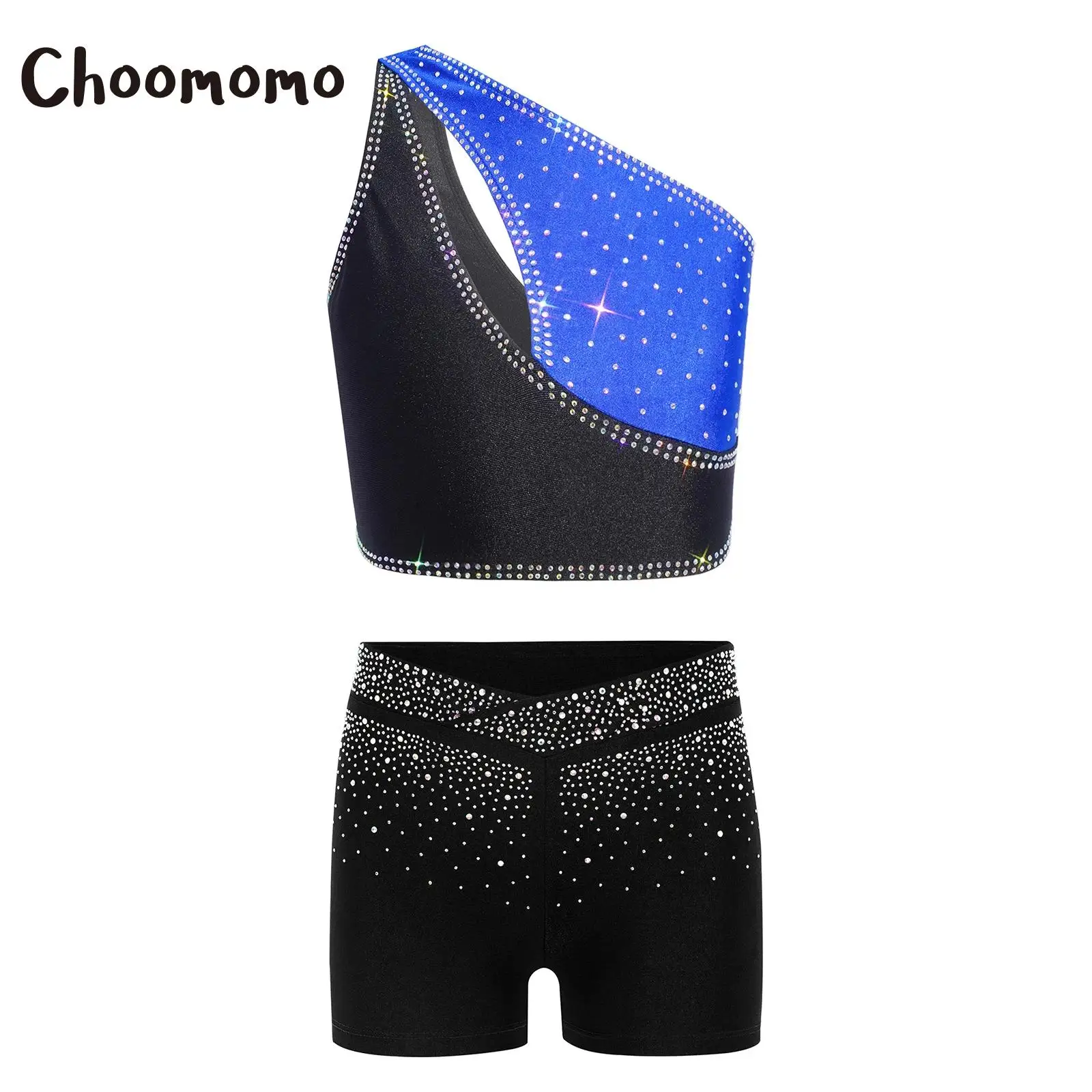

Kids Girls Ballet Gymnastics Dance Outfits One Shoulder Sleeveless Rhinestones Crop Top +Shorts Figure Skating Sports Dance Set
