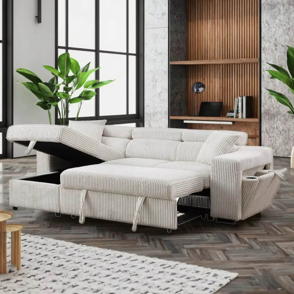 Pull out L-shaped reversible sofa bed with storage recliner wireless charger combination sofa living room furniture