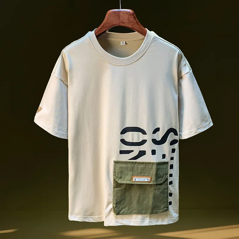 

2025년 신상 남성 여름 반팔 티셔츠 루즈핏 플러스 사이즈 5부 소매 일본 스타일 디자인 포켓 남성 상의