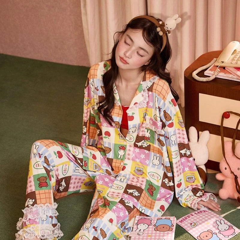 Miffy Kawaii Anime Cartoon Pajamas Miffy Spring Autumn Modal Female Long Sleeves Full Print Cartoon Grid Lounge Clothes Summer