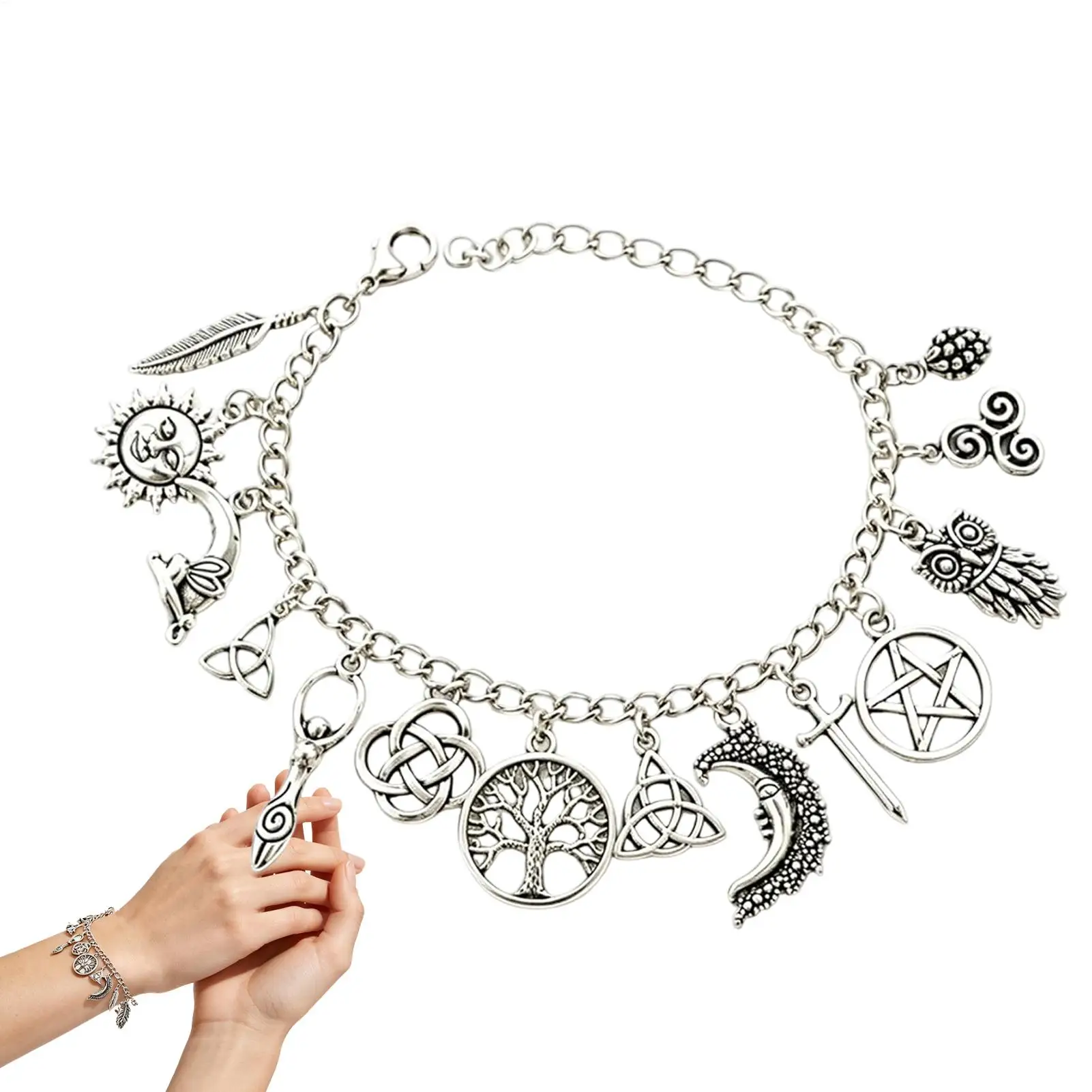 Vintage Hexen-Charm-Armband für Frauen, Keltischer Lebensbaum Pentakel Mond Sonne Eule Federn Multi-Charm-Kettenarmband