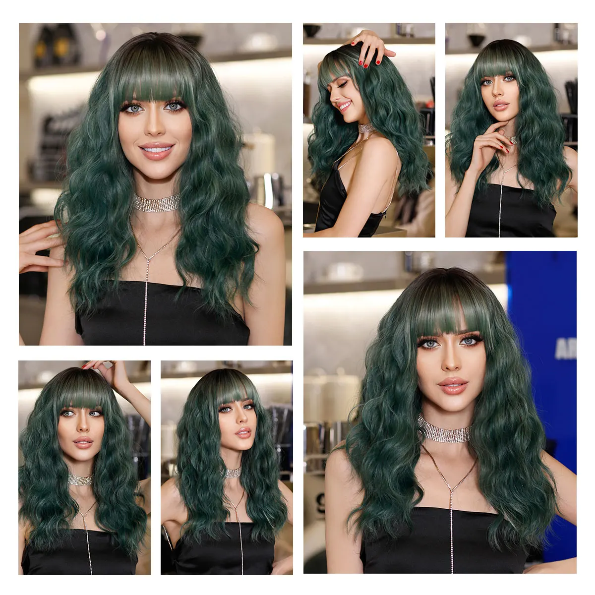 7JHH Perucas 21inch Ondulado Verde Peruca para As Mulheres Diárias Cosplay Nova Tendência Peruca de Cabelo Sintético com Bangs Fibra Resistente Ao Calor Quatro Temporada