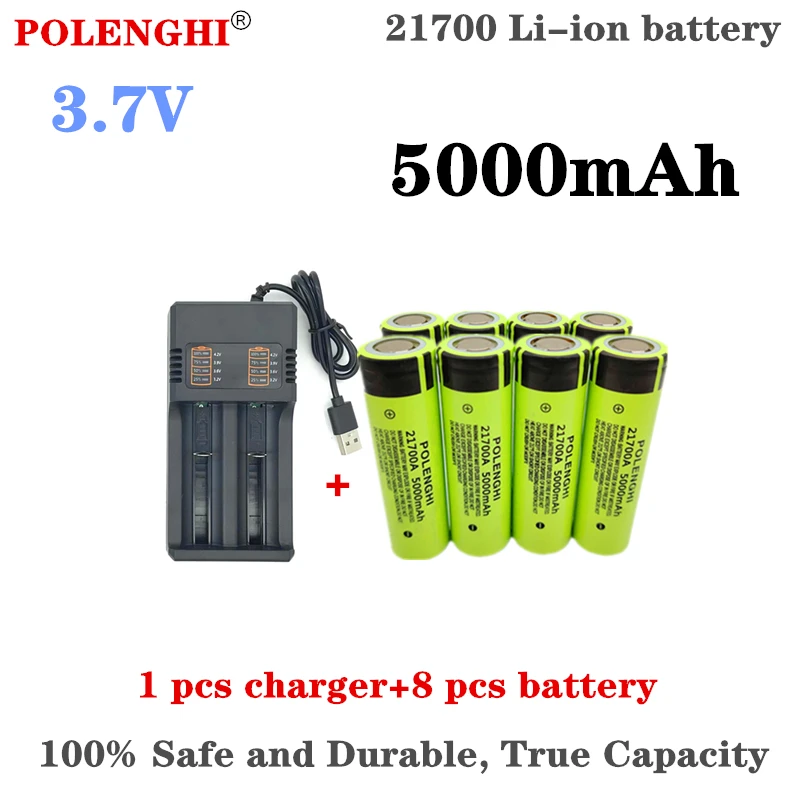 Batería recargable de iones de litio de Parte superior plana, 100% capacidad real, 21700, 3,7 V, 5000mAh, utilizada para componentes de linterna y batería de coche