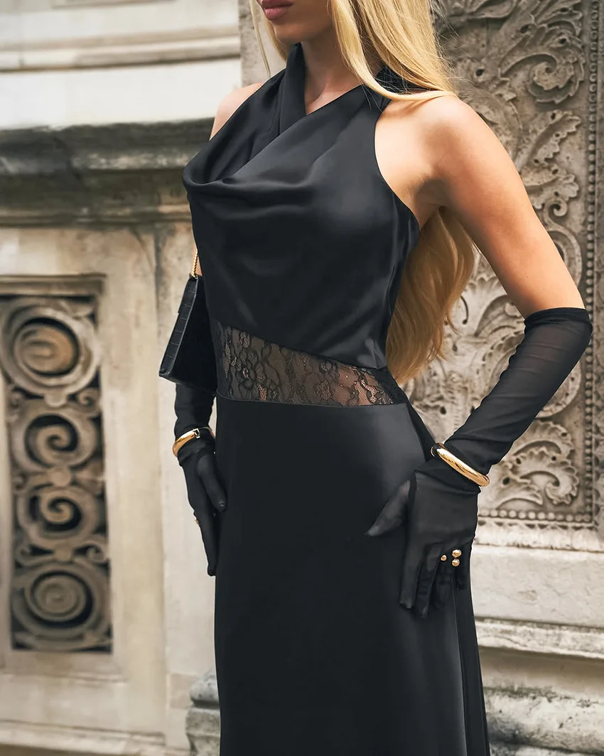 

Women Dress 2026 Spring New Elegant and Fashionable Lace Splicing Backless Waist Cinching Hanging Neck Sleeveless Long Dress