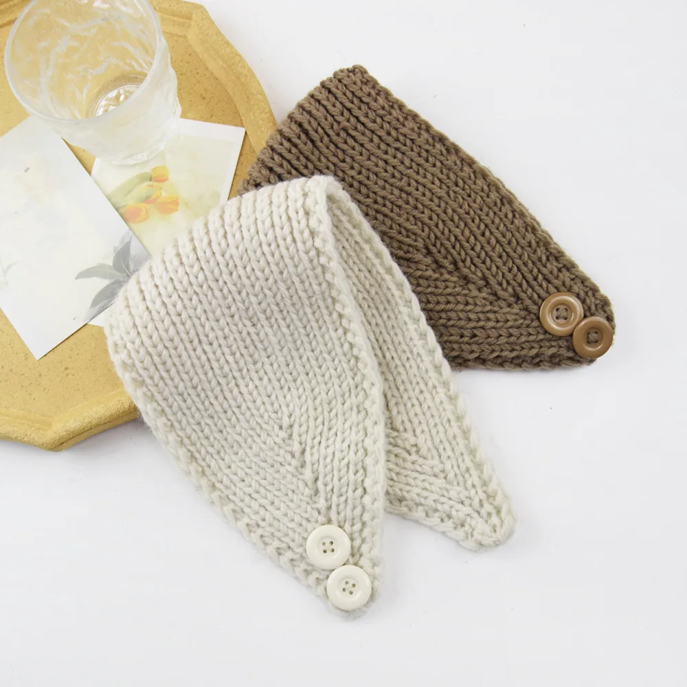 Autumn Winter Solid Color Button Wide Knitting Headband For Women Outdoor Ear Warmers Makeup Head Cover Elegant Elastic Hairband
