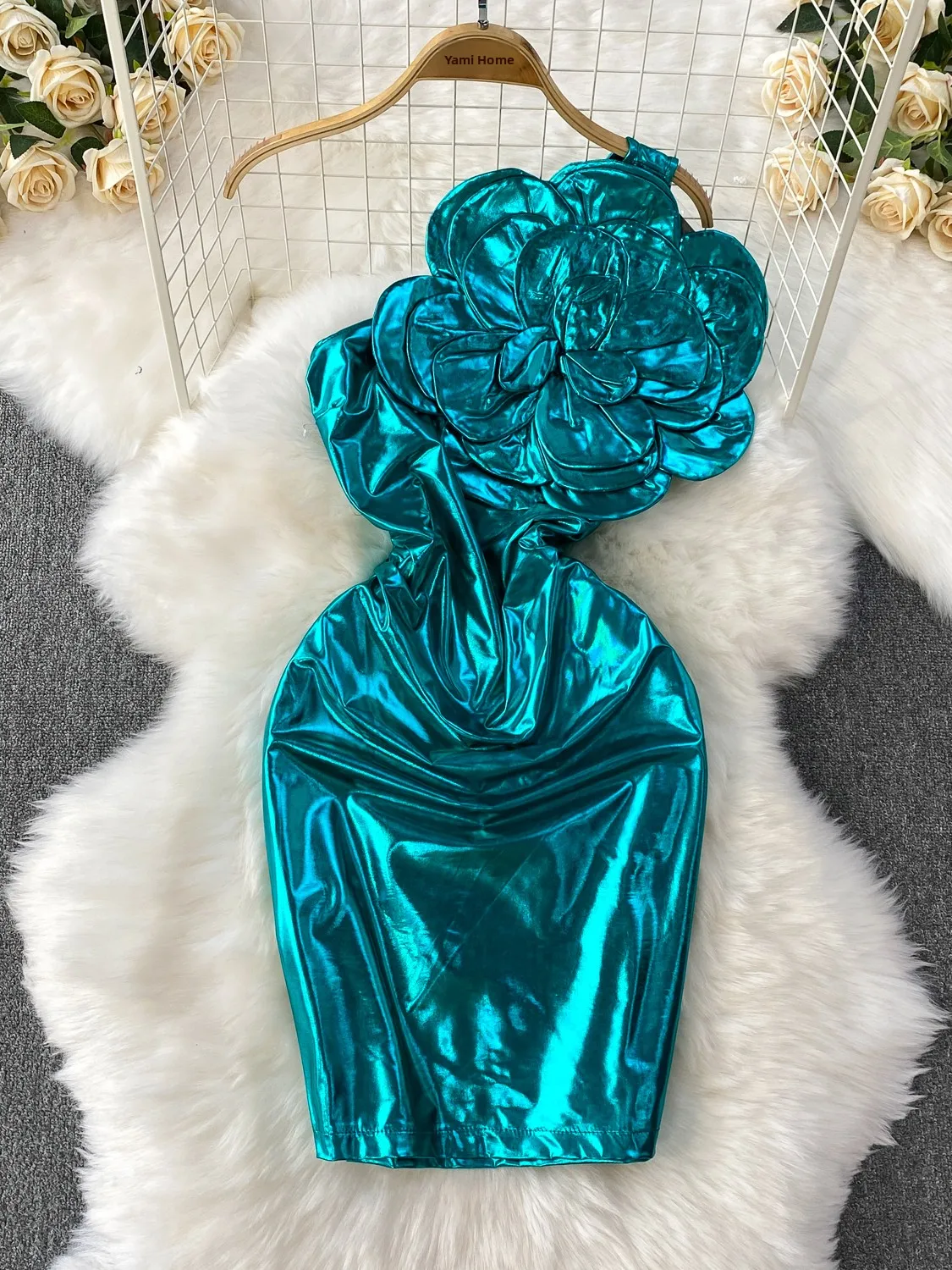 Vestido E com Colar Floral Prateado para Mulheres, Saia Curta Justa com Bordado Pesado, Estilo Coreano de Verão