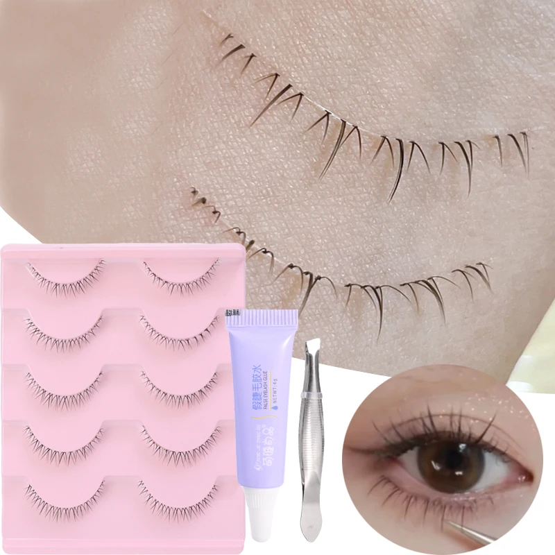 5 Paar untere Wimpern mit Kleber und Pinzette unter Wimpern weiche untere Wimpern klares Band natürliche Wimpern koreanisches Make-up