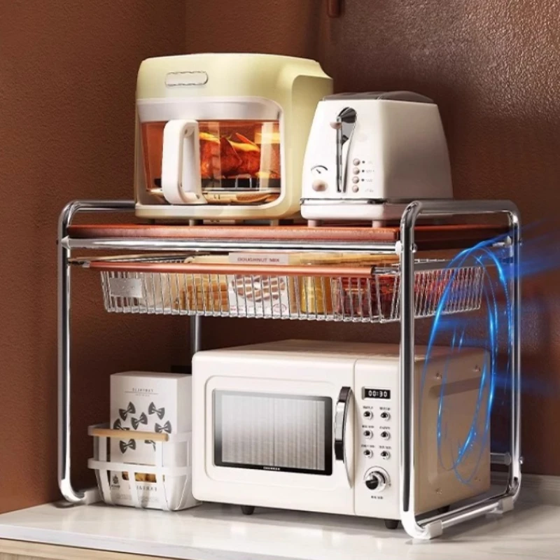 Vintage Microwave Shelf, Multi-Functional Kitchen Organizer, Drawer-Equipped Rack for Cookware and Appliances